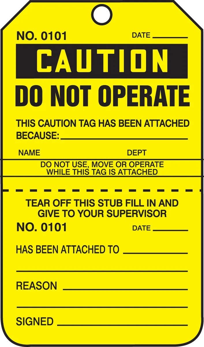 AccuformNMC TPP208 Caution Safety Tag, Do Not Operate, Perforated, 5-3/4" H x 3-1/4" W, 5/Pk