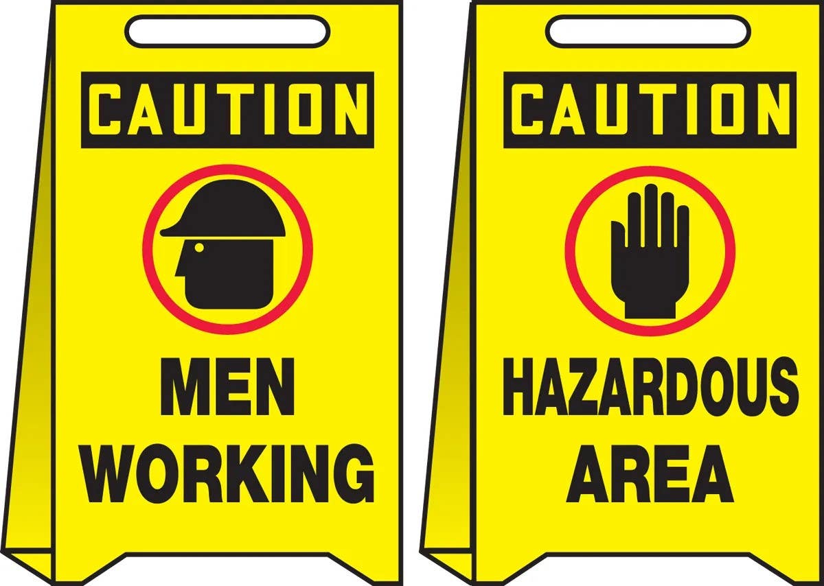 AccuformNMC PFE403 OSHA Caution Reversible Fold-Ups Floor Sign, Men Working..., Corrugated Plastic, 20" H x 12" W