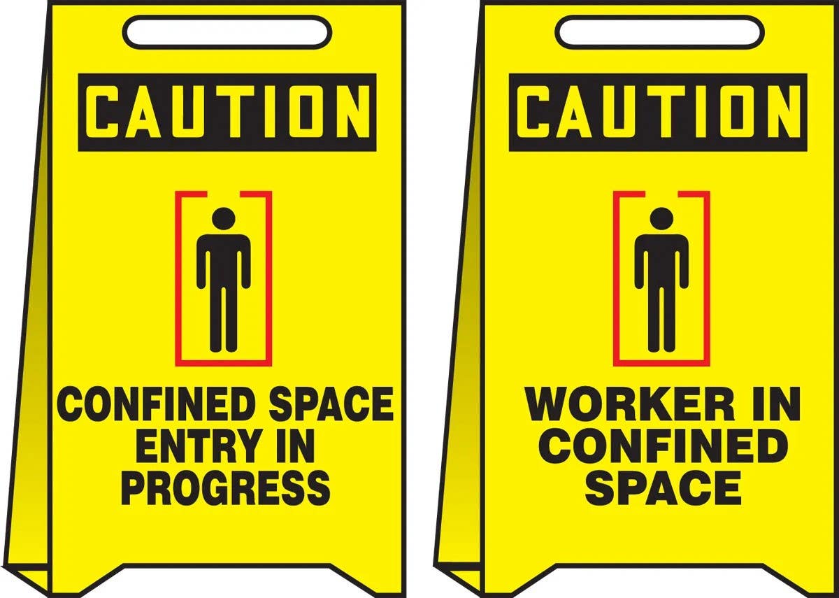 AccuformNMC PFE417 OSHA Caution Reversible Fold-Ups Floor Sign, Confined Space Entry In Progress..., 20" H x 12" W