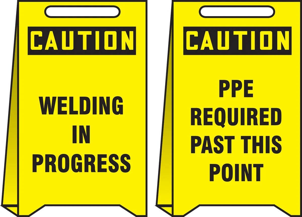 AccuformNMC PFE428 OSHA Caution Reversible Fold-Ups Floor Sign, Welding In Progress..., Corrugated Plastic, 20" H x 12" W