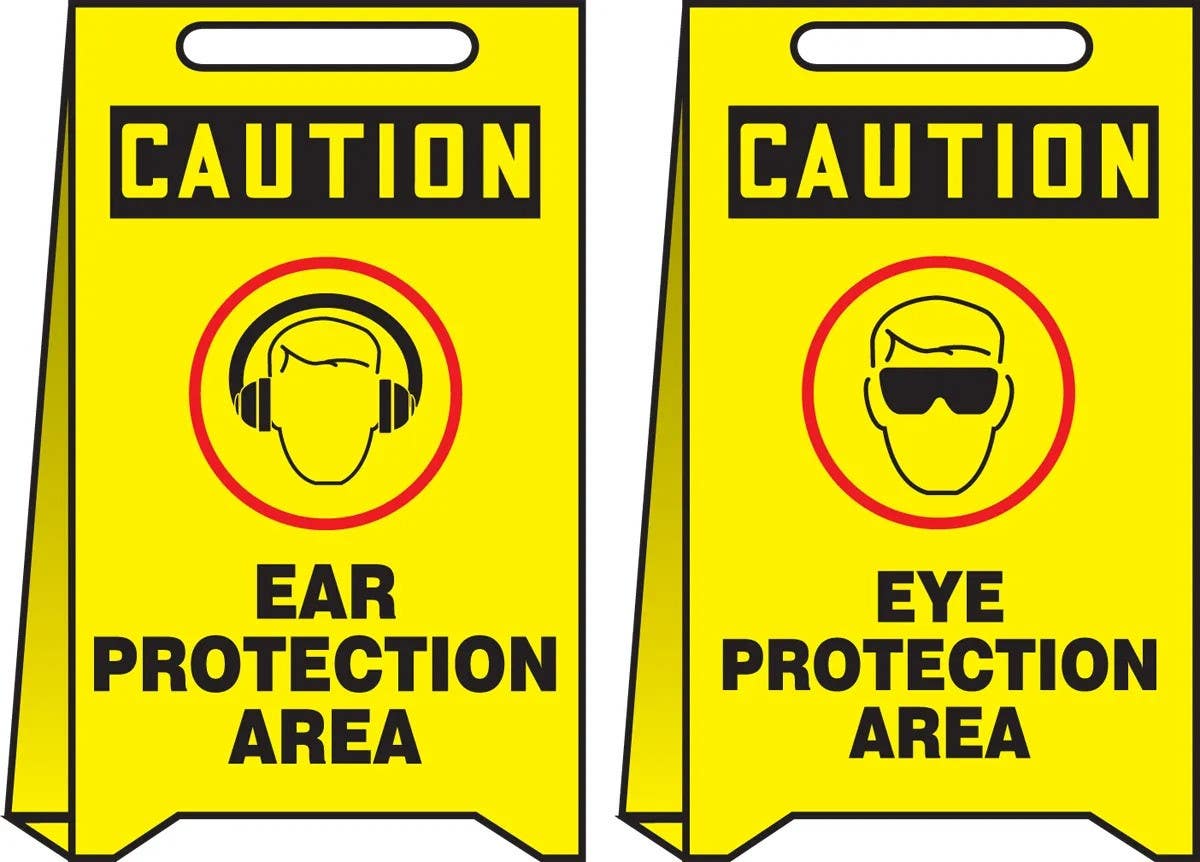 AccuformNMC PFE440 OSHA Caution Reversible Fold-Ups Floor Sign, Ear Protection Area..., Corrugated Plastic, 20" H x 12" W