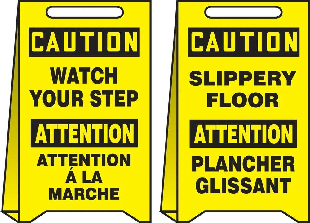 AccuformNMC PFE45 OSHA Caution Reversible Fold-Ups Bilingual Floor Sign, Watch Your Step, Slippery Floor, 20" H x 12" W