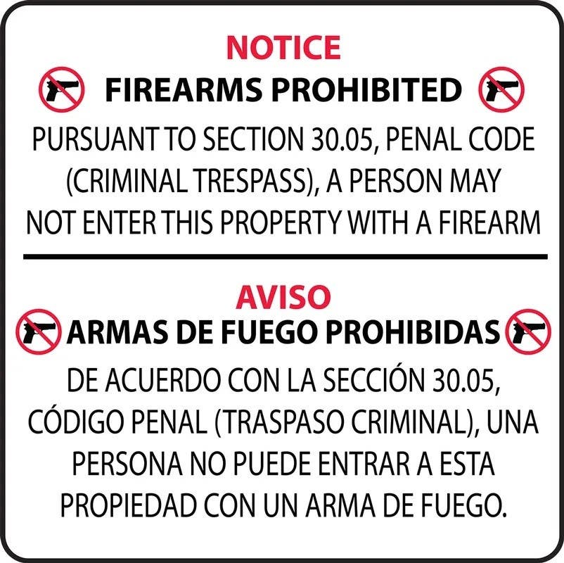 AccuformNMC SBMACC502 Bilingual Texas 30.05 Regulation Safety Signs, Notice Firearms Prohibited..., 24" x 24"