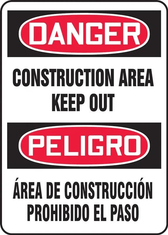 AccuformNMC SBM Bilingual OSHA Danger Safety Sign, Construction Area, Keep Out