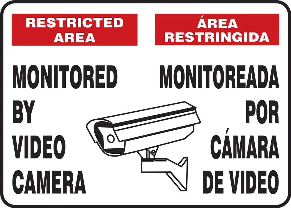 AccuformNMC SBMASE903M Bilingual Safety Sign, Restricted Area, Monitored By Video Camera, 10" H x 14" W