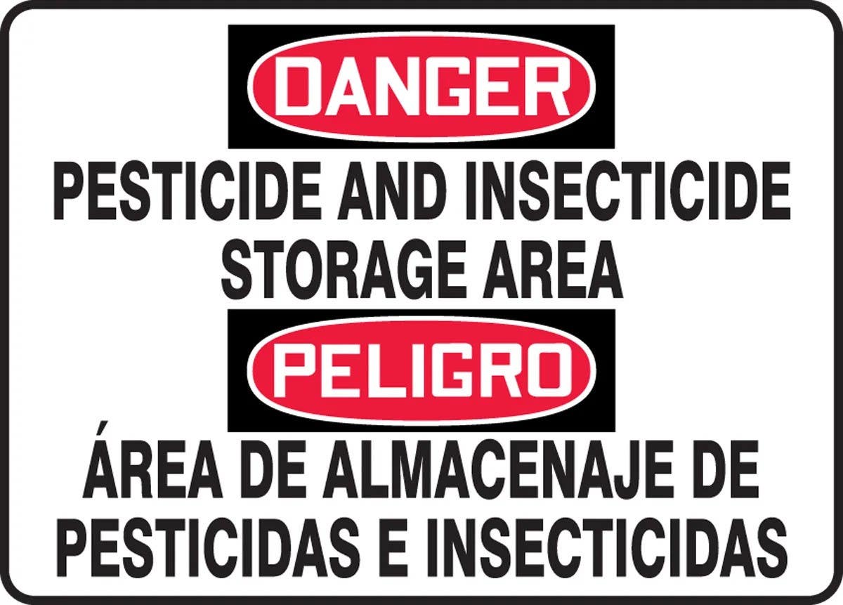 AccuformNMC SBMCAW113M Bilingual OSHA Danger Safety Sign, Pesticide And Insecticide Storage Area, 10" H x 14" W