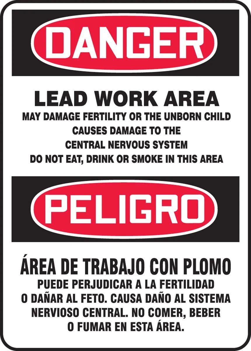 AccuformNMC BMCAW188 Bilingual OSHA Danger Safety Sign, Lead Work Area, 14" H x 10" W