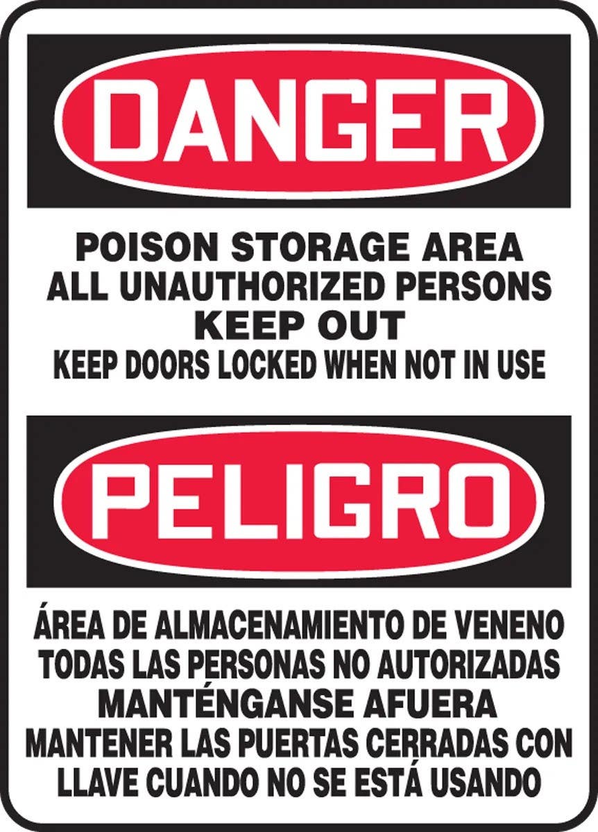 AccuformNMC SBMCHG041 Bilingual OSHA Danger Safety Sign, Poison Storage Area, All Unauthorized Persons Keep..., 14" H x 10" W
