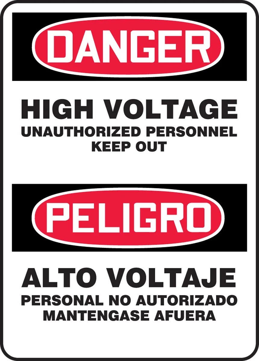 AccuformNMC SBMELC0 Bilingual OSHA Danger Safety Sign, High Voltage, Unauthorized Personnel Keep Out