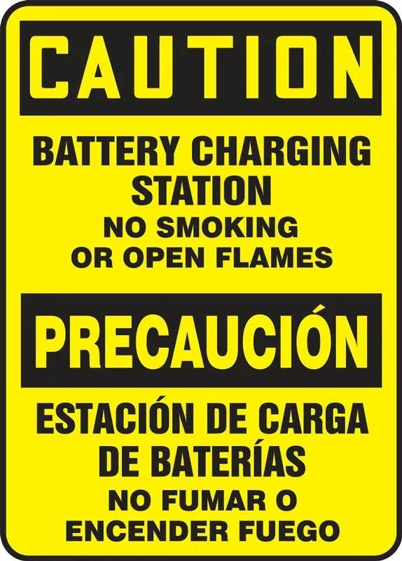 AccuformNMC SBMELC64 Bilingual Safety Caution Sign, Battery Charging Station, No Smoking Or Open Flames