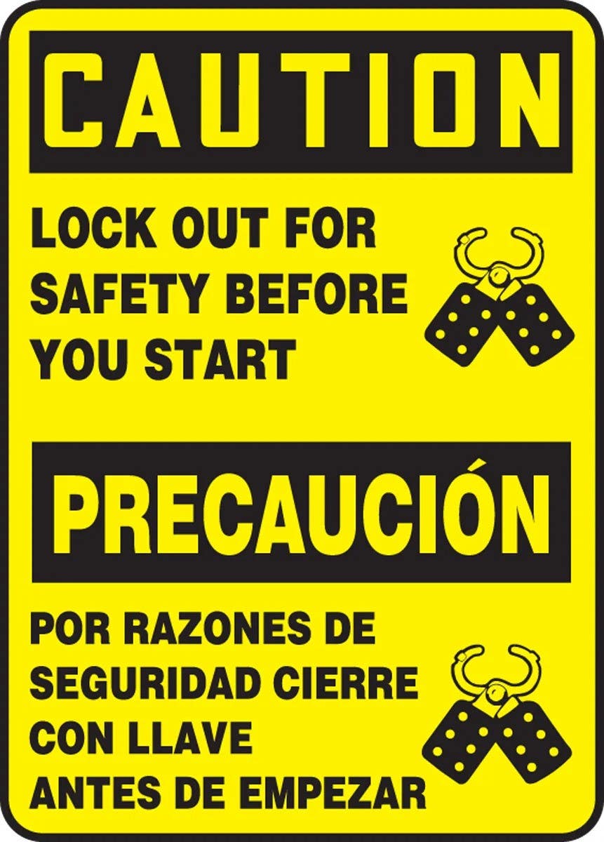 AccuformNMC SBMELC657 Bilingual Safety Caution Sign, Lock Out For Safety Before You Start, 14" H x 10" W