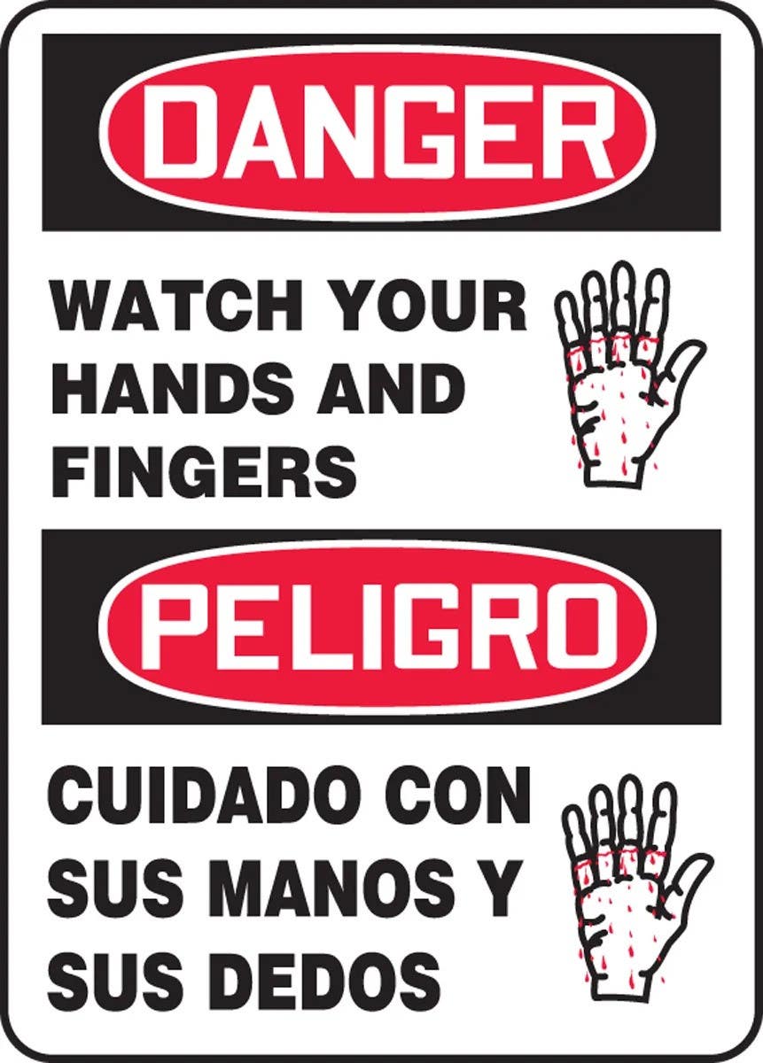 AccuformNMC SBMEQM030 Bilingual OSHA Danger Safety Sign, Watch Your Hands And Fingers, 14" H x 10" W