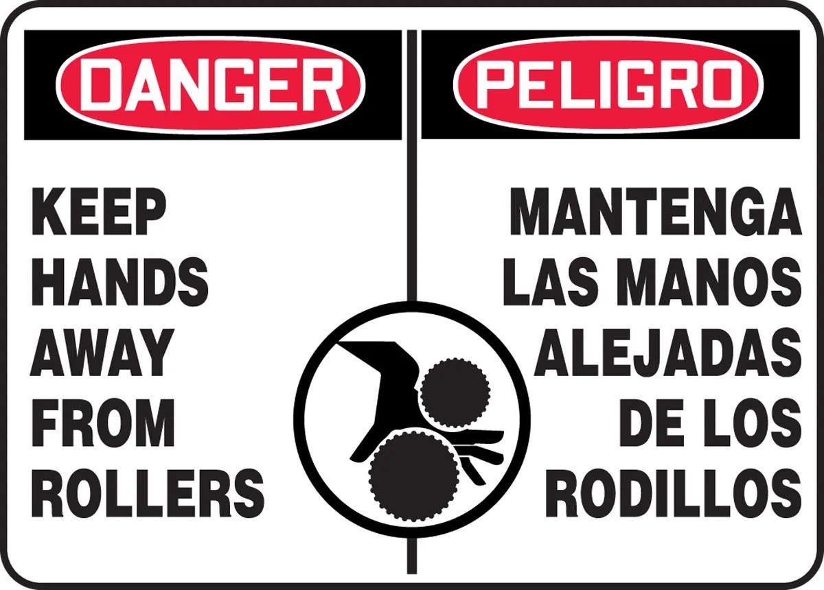 AccuformNMC SBMEQM134M Bilingual OSHA Danger Safety Sign, Keep Hands Away From Rollers, 10" H x 14" W