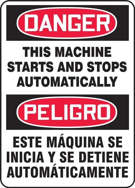 AccuformNMC SBMEQM15 Bilingual OSHA Danger Safety Sign, This Machine Starts And Stops Automatically