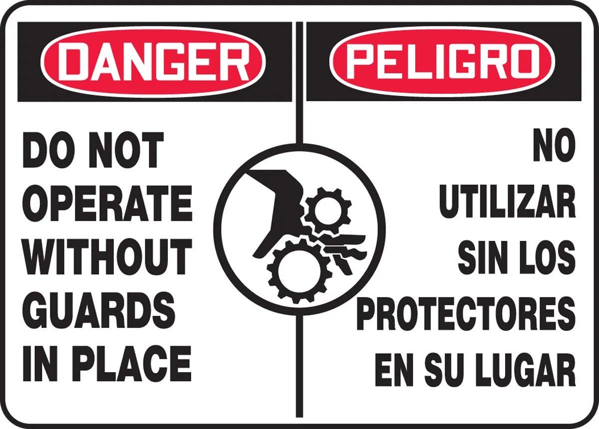 AccuformNMC SBMEQM174 Bilingual OSHA Danger Safety Sign, Do Not Operate Without Guards In Place, 10" H x 14" W