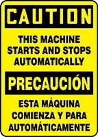 AccuformNMC SBMEQM7 Bilingual OSHA Caution Safety Sign, This Machine Starts and Stops Automatically