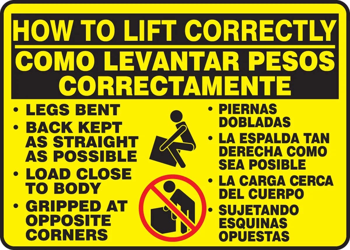 AccuformNMC SBMGSH501 Bilingual Safety Sign, How To Lift Correctly, 10" H x 14" W