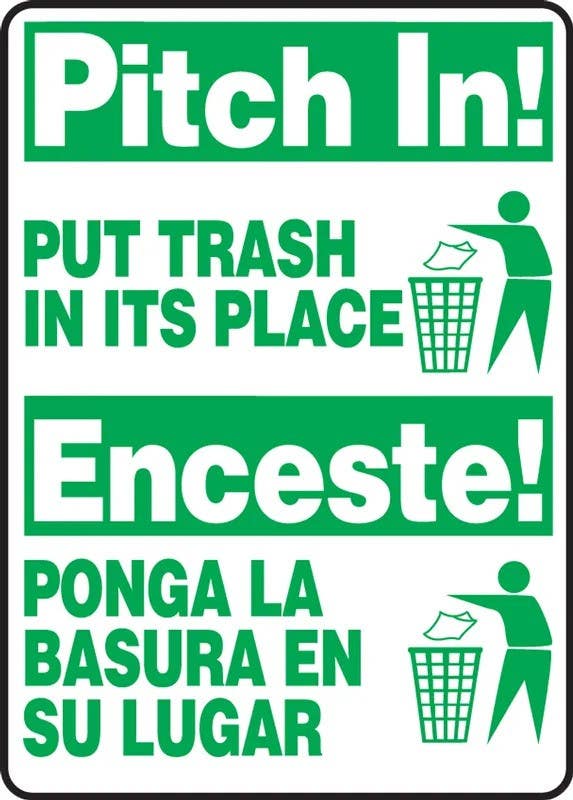 AccuformNMC SBMHSK903 Bilingual Safety Sign, Pitch In, Put Trash In Its Place, 14" H x 10" W