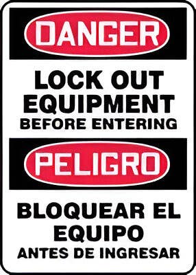 AccuformNMC SBMLKT0 Spanish Bilingual OSHA Danger Safety Sign, Lock Out Equipment Before Entering