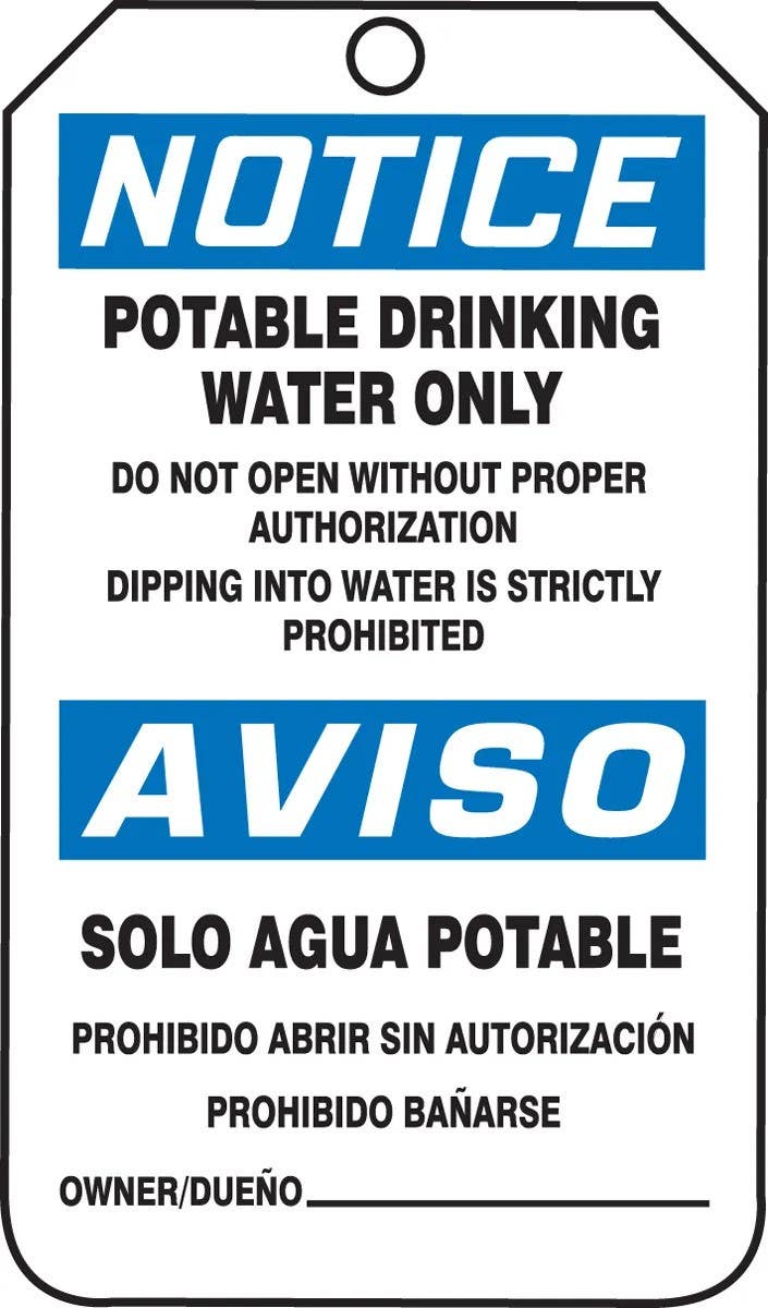 AccuformNMC SBMNT246 Bilingual OSHA Notice Safety Tag, Potable Drinking Water Only, 5-3/4" H x 3-1/4" W, 5/Pk