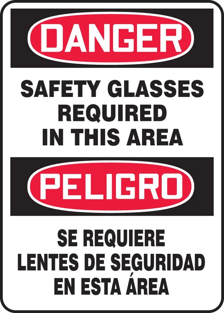 AccuformNMC SBMPPA00 Bilingual OSHA Danger Safety Sign, Safety Glasses Required In This Area