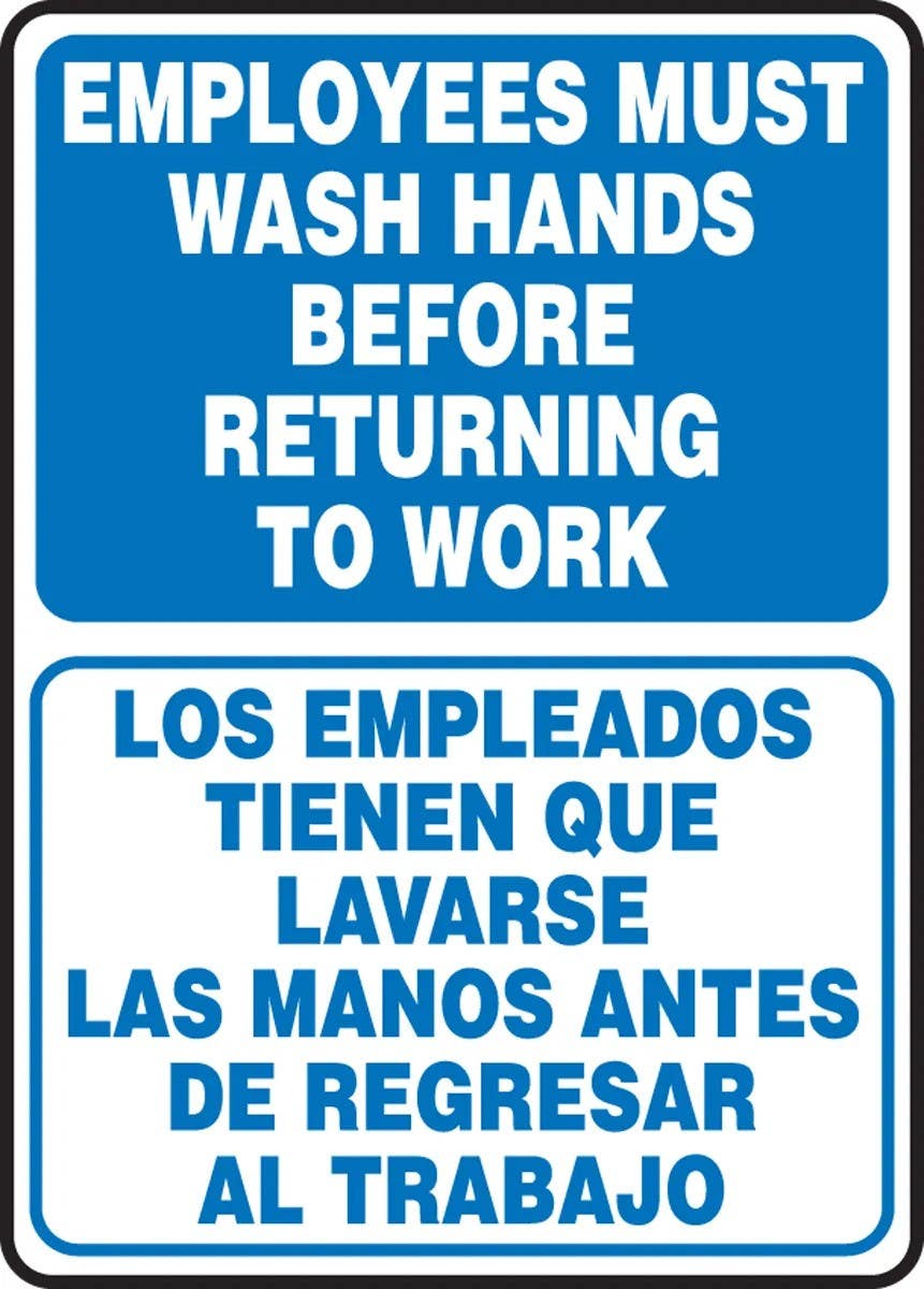 AccuformNMC SBMRST579 Bilingual Safety Sign, Employees Must Wash Hands Before Returning To Work, 14" H x 10" W