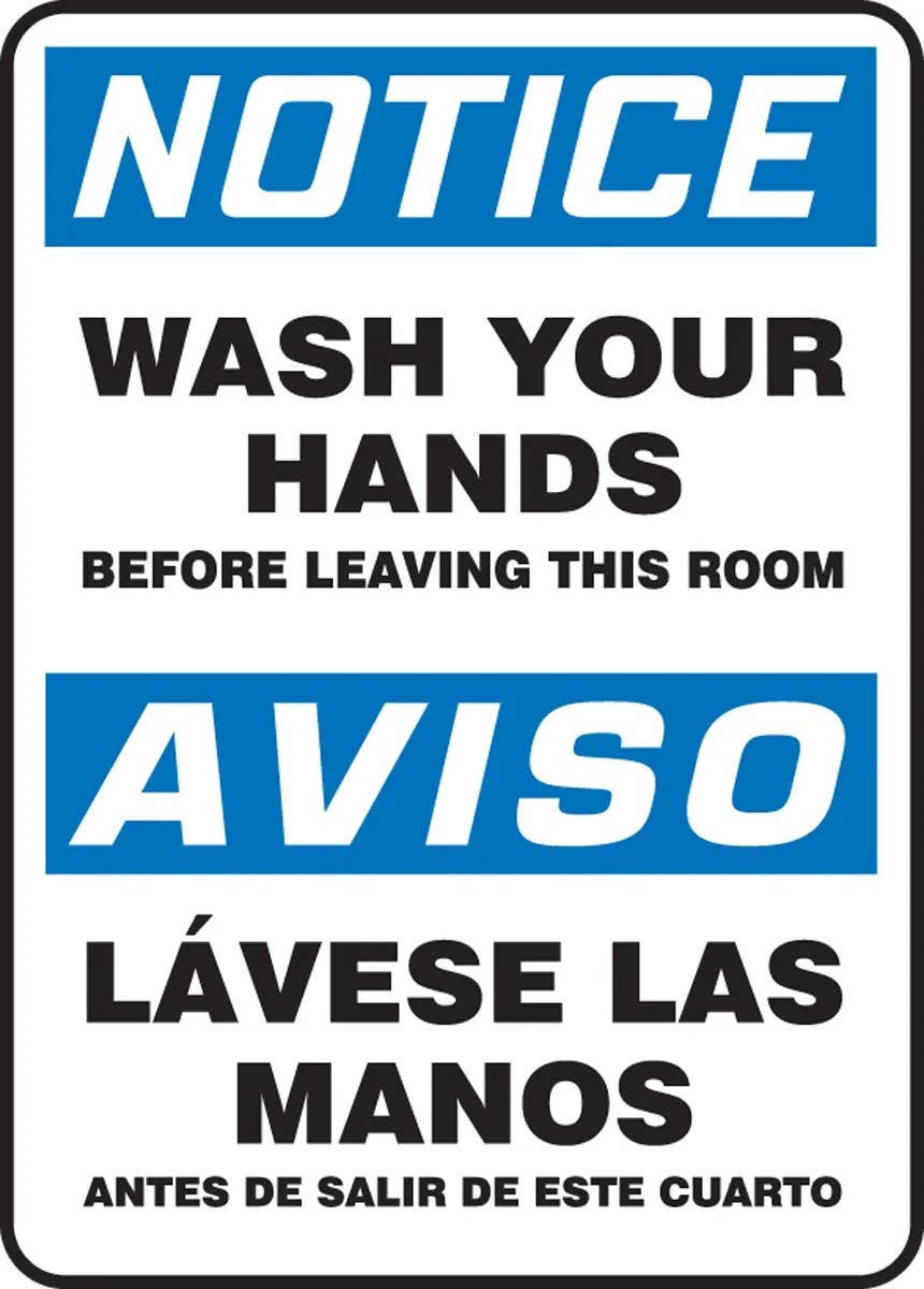 AccuformNMC SBMRST803 Bilingual OSHA Notice Safety Sign, Wash Your Hands Before Leaving This Room, 14" H x 10" W