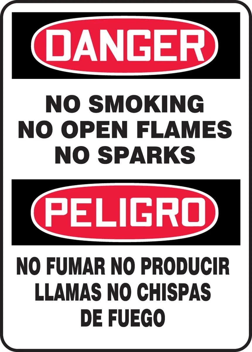 AccuformNMC SBMSMK0 Spanish Bilingual OSHA Danger Smoking Control Sign, No Smoking, No Open Flames, No Sparks