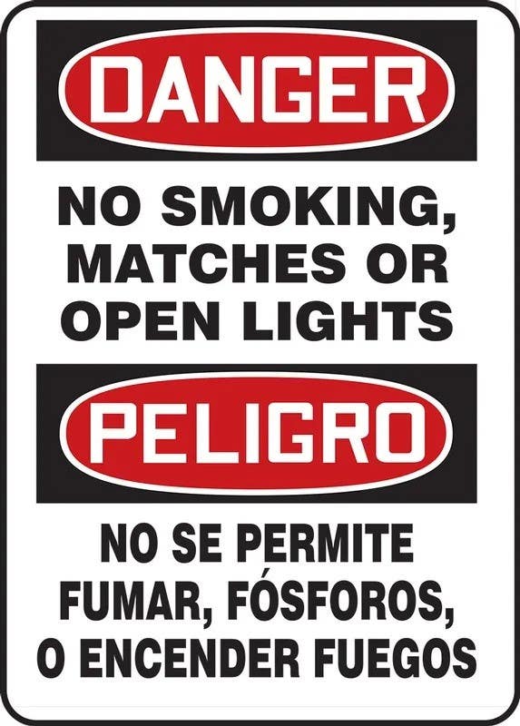 AccuformNMC SBMSMK13 Spanish Bilingual Safety Sign, Danger, No Smoking, Matches Or Open Lights