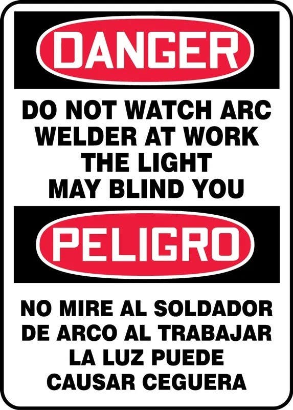 AccuformNMC SBMWLD01 Spanish Bilingual OSHA Danger Safety Sign, Do Not Watch Arc, Welder At Work, The Light May Blind You