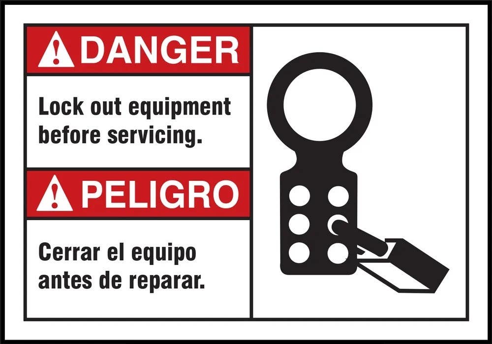 AccuformNMC SBLLKT001VSP Bilingual ANSI Danger Safety Label, Lock Out Equipment..., Adhesive Vinyl, 3-1/2" H x 5" W, 5/Pk