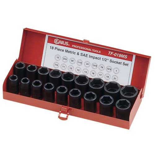 Genius Tools TF-019MS 18PC 1/2" Dr. SAE & Metric Impact Socket Set