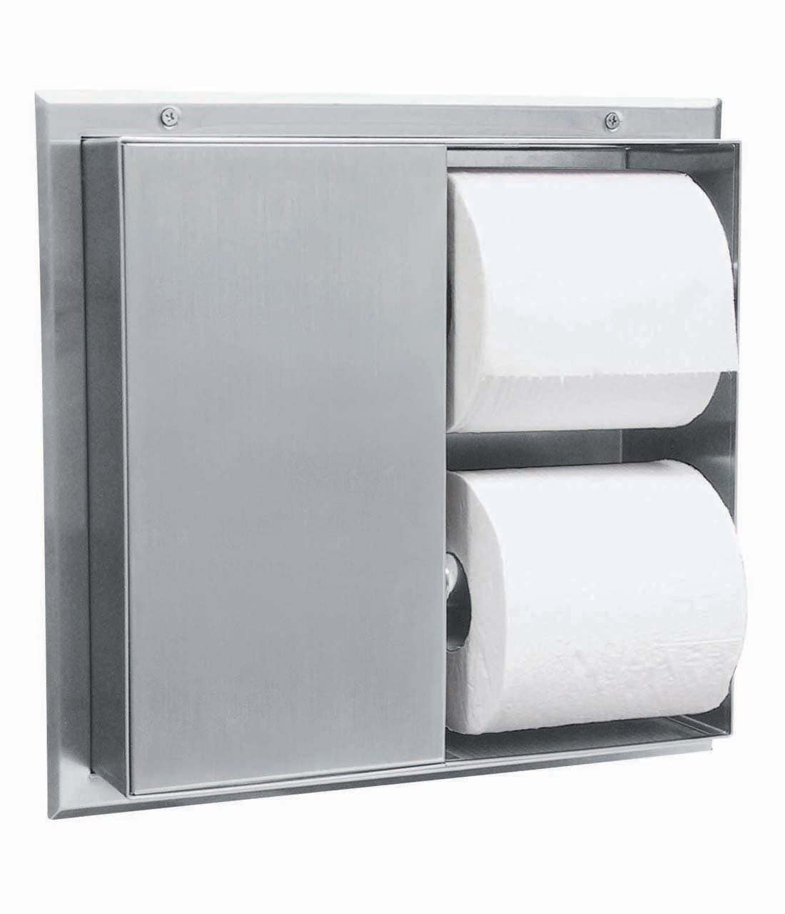Bobrick B-386 Partition-Mounted Toilet Tissue Dispenser, Serves 2 Compartments, Finish-Satin