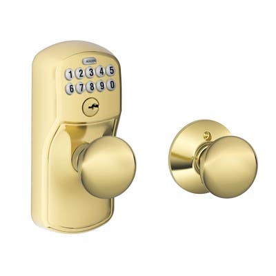 Schlage FE575 PLY PLY Plymouth Keypad Entry w/ Auto-Lock & Plymouth Knob, Lifetime Bright Brass