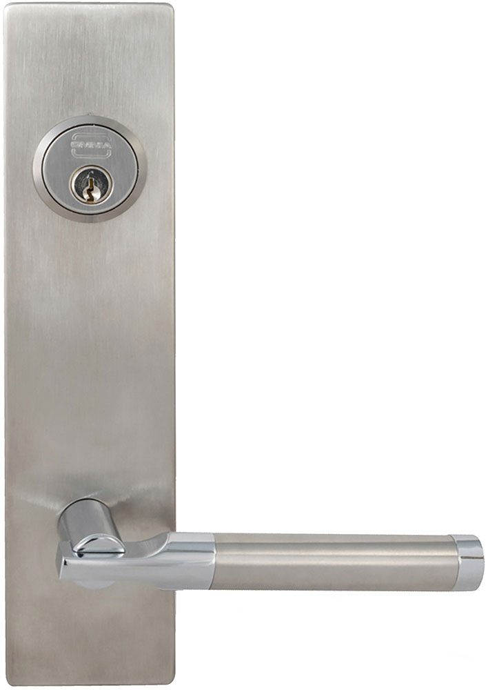 Omnia D12023 Exterior Modern Deadbolt Entrance Lever Lockset w/ Plate, Finish-Satin Stainless Steel