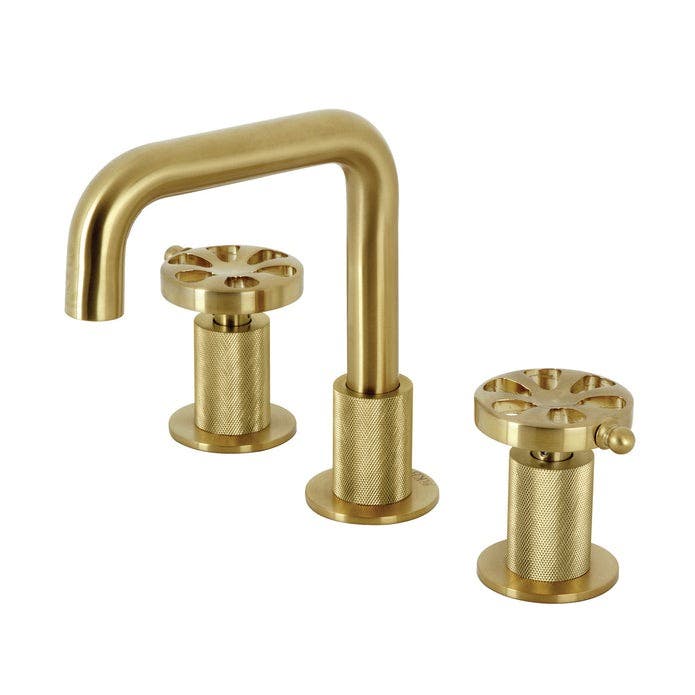 Kingston Brass KS1417RX Two-Handle 3-Hole Deck Mount Widespread Bathroom Faucet with Push Pop-Up Drain, Brushed Brass Finish