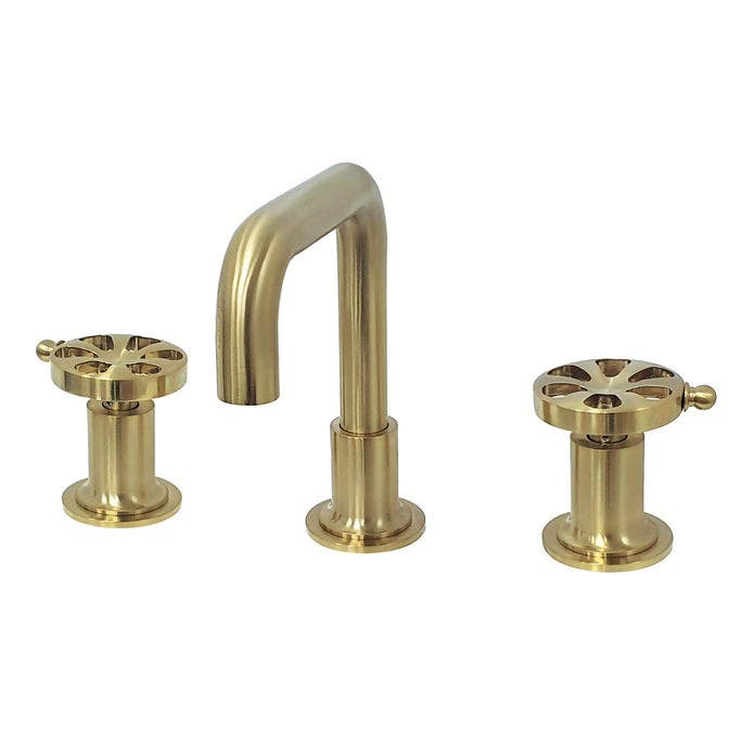 Kingston Brass KS142RXBB Two-Handle 3-Hole Deck Mount Widespread Bathroom Faucet w/ Push Pop-Up Drain, Brushed Brass Finish