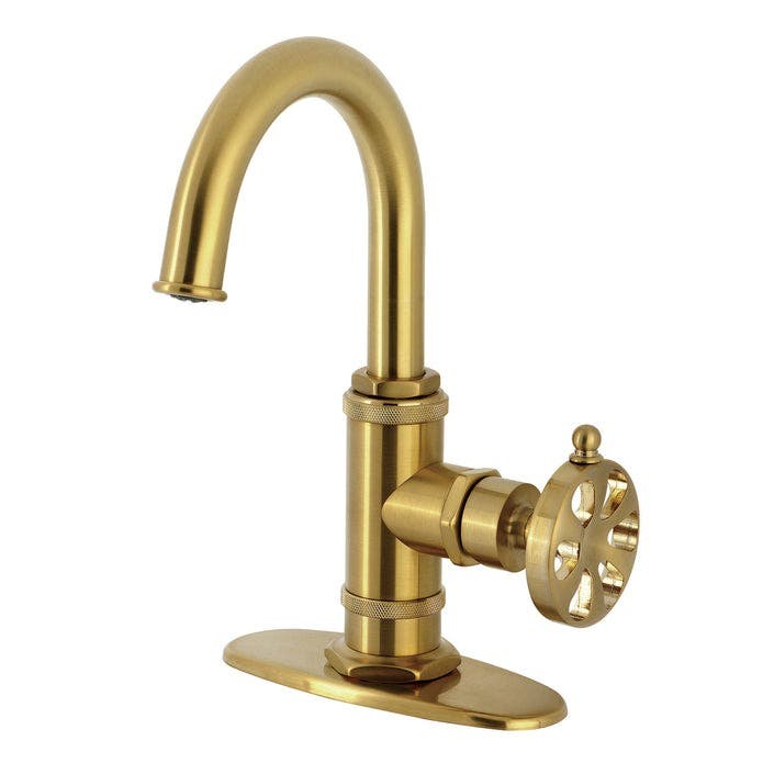 Kingston Brass KSD2217RX One-Handle 1-Hole Bathroom Faucet with Deck Plate and Push Pop-Up Drain, Brushed Brass