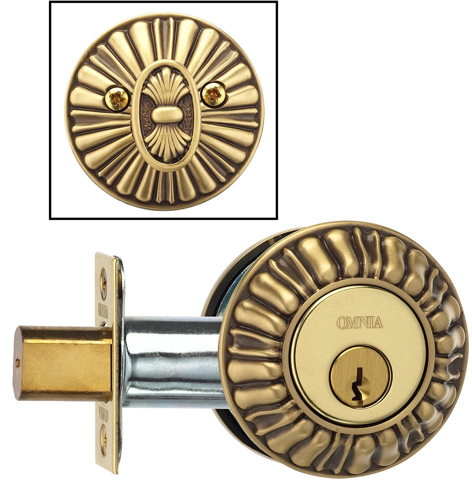 Omnia REEDDB Classico Ornate Auxiliary Deadbolt Kit - Solid Brass, Function-Key Outside x Turnpiece Inside