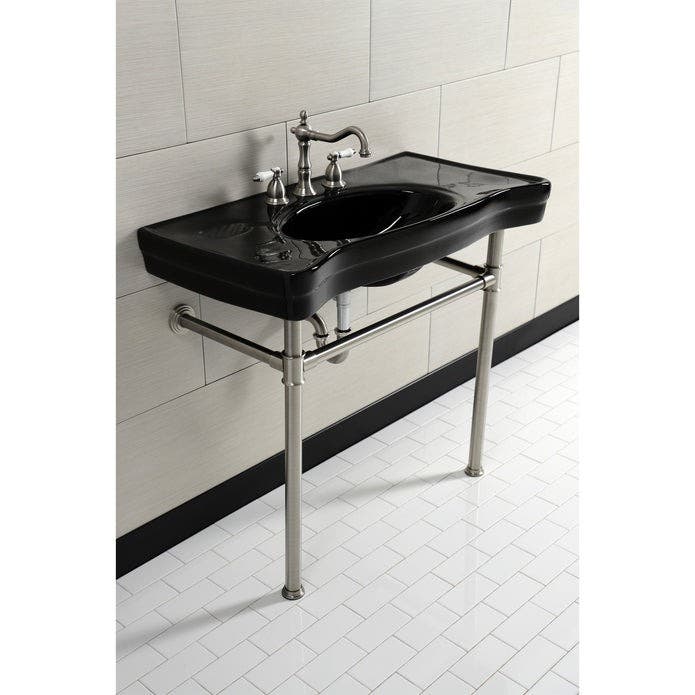 Kingston Brass VPB136K8ST 36-Inch Ceramic Console Sink with Stainless Steel Legs (8-Inch, 3-Hole), Black/Brushed Nickel